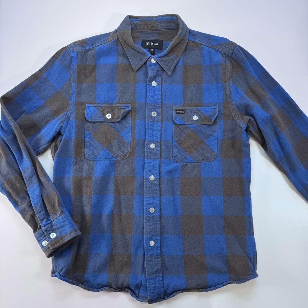 BRIXTON Bowery Long Sleeve Flannel Shirt Blue Plaid Buffalo Check Mens Medium